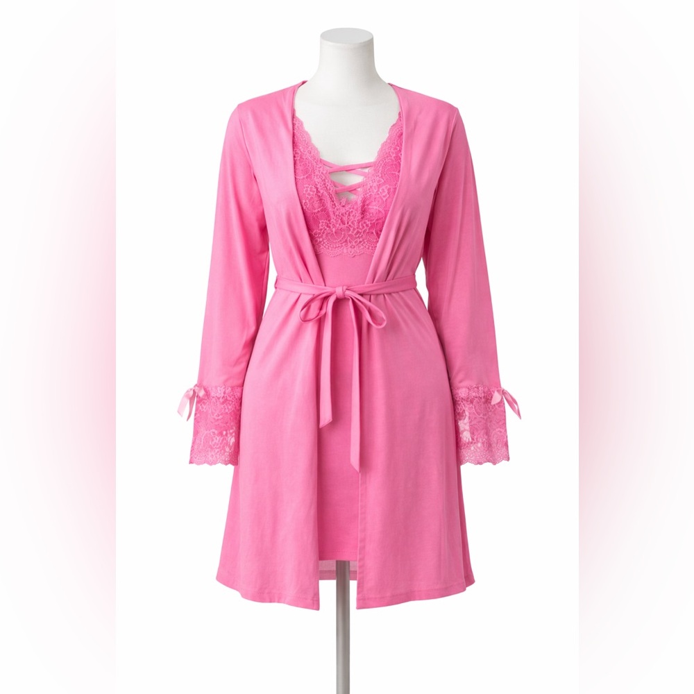 NIKA Bright Pink Lace-Trim Robe & Matching Chemise Set